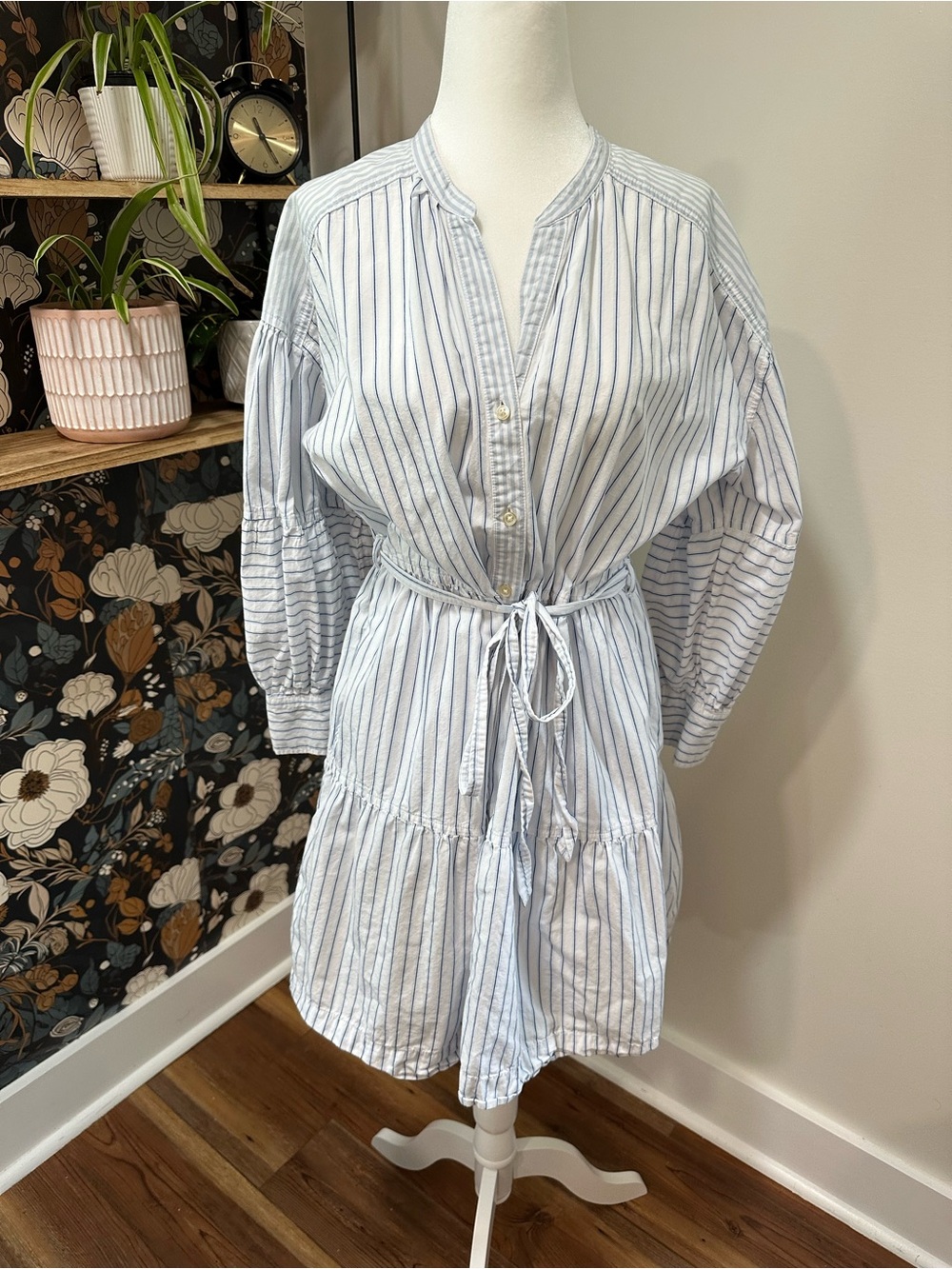 Button-Front Striped Tie-Waist Long Sleeve Dress - Light Blue/White